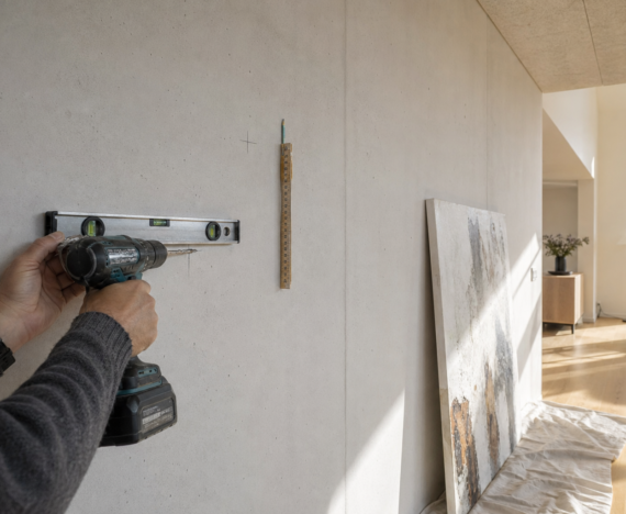 Hænder med borehammer og vaterpas ved en stor hvid væg i et nybygget hus, mens et stort maleri står lænet op ad væggen og venter på ophæng