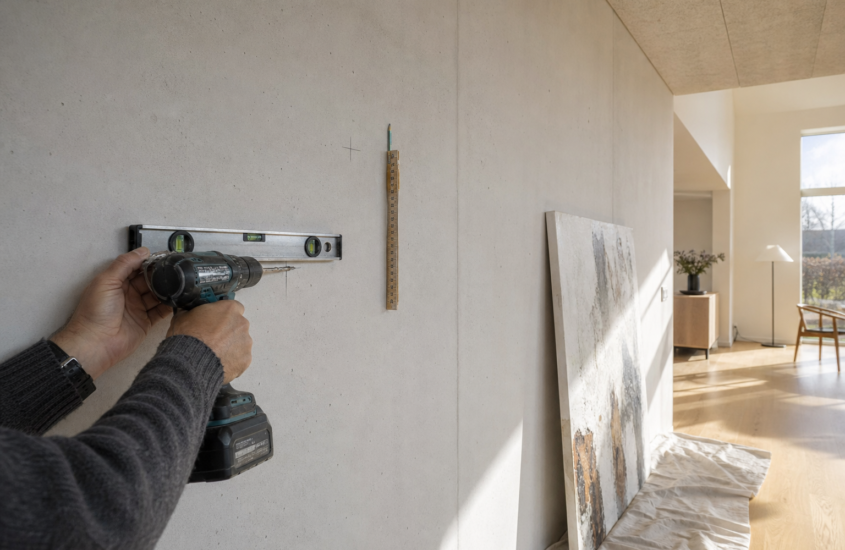 Hænder med borehammer og vaterpas ved en stor hvid væg i et nybygget hus, mens et stort maleri står lænet op ad væggen og venter på ophæng